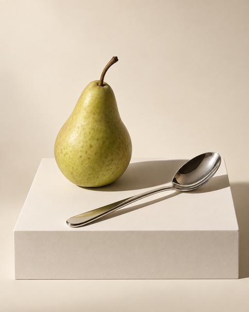 Pear and Plane, by Elena Demostill, AI-generated still-life photography, 2026