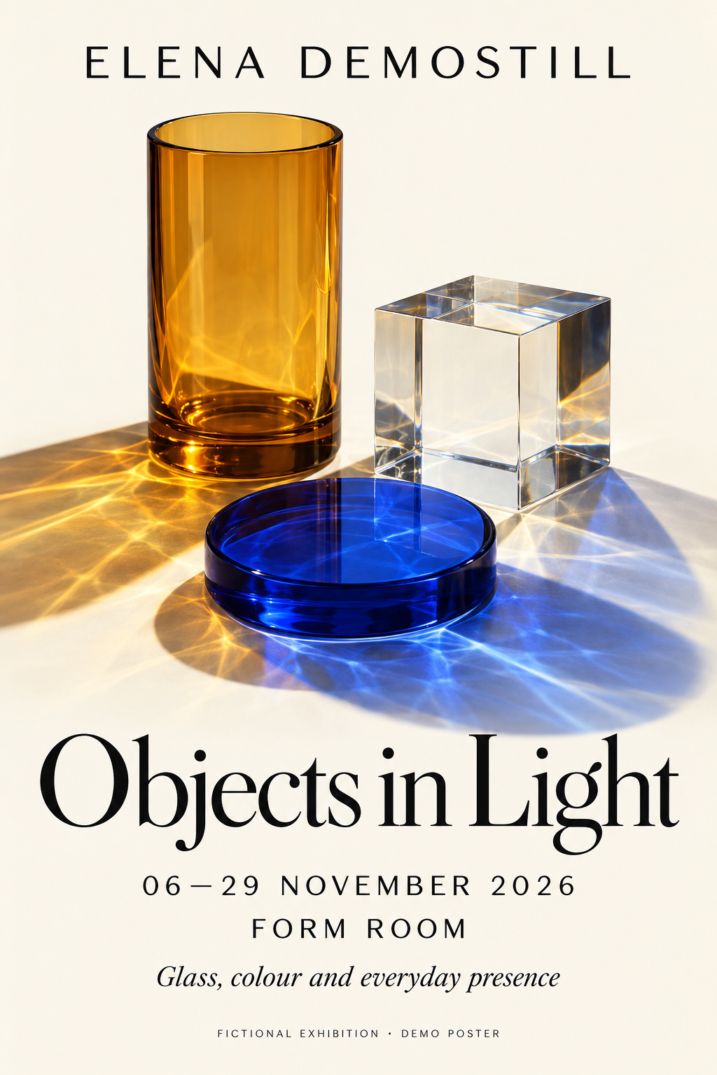 Objects in Light — Fictional Exhibition poster. Upcoming exhibition demo · 6–29 November 2026 · Form Room (imagined venue).