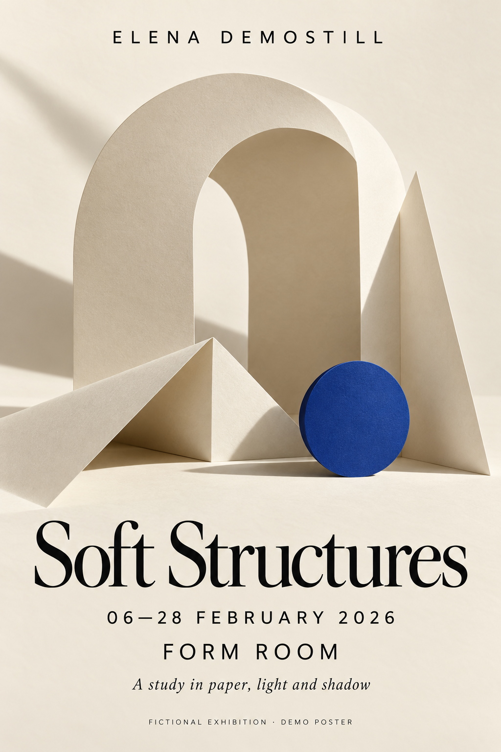 Soft Structures — Fictional Exhibition poster. Past exhibition demo · 6–28 February 2026 · Form Room (imagined venue).